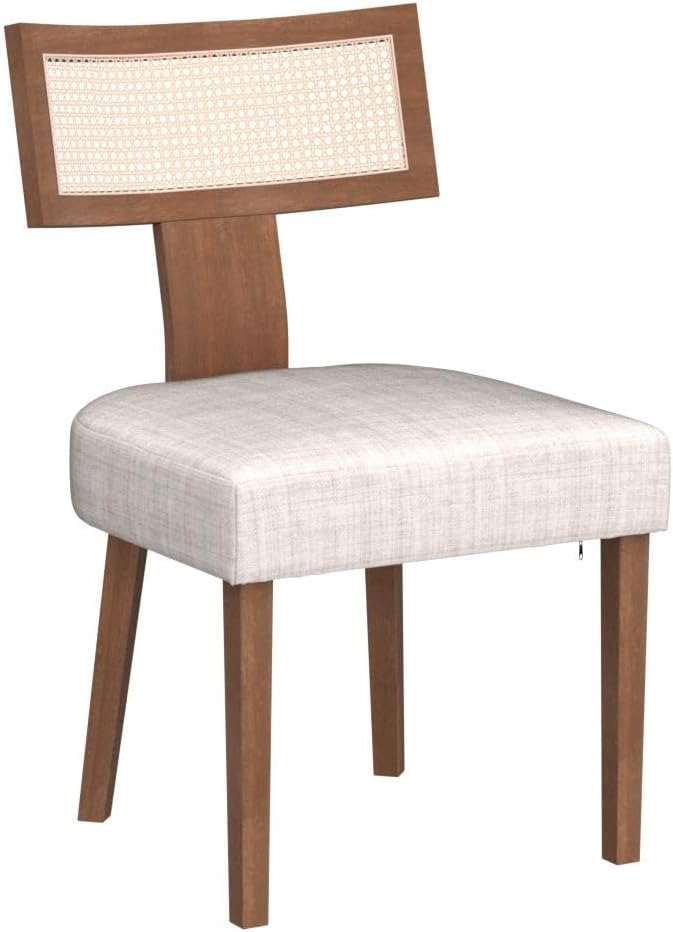 Mid Century Modern Rattan Dining Chairs Set of 2, Farmhouse Linen Upholstered Accent Chair Curved Backrest Kitchen Chairs, with Hardwood Frame, Beige