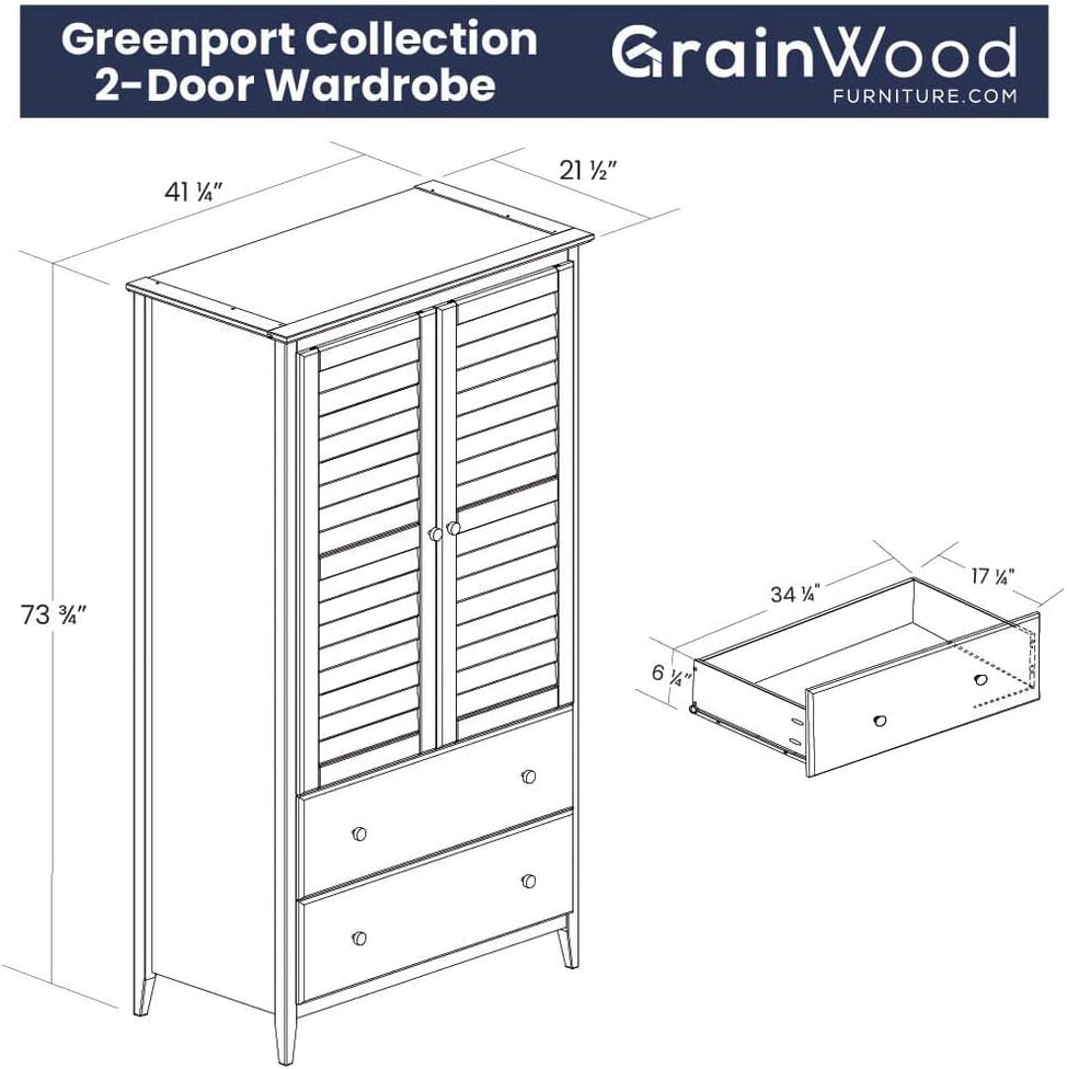 Greenport 2-Door Wardrobe, Solid Wood with a Brushed Walnut Finish
