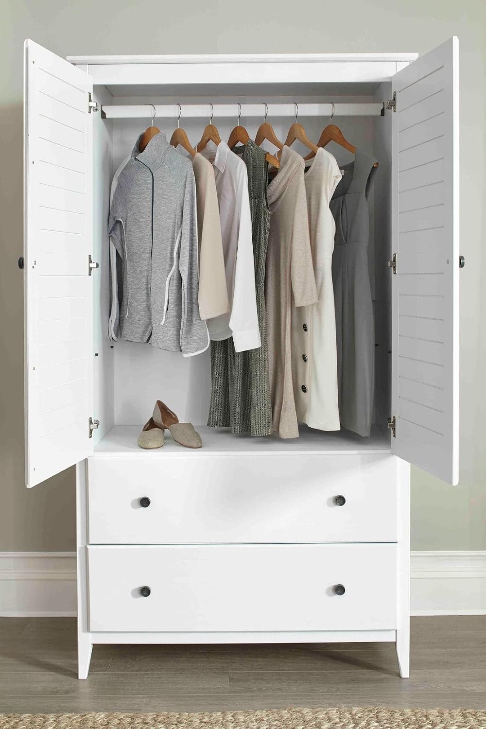 Greenport 2-Door Wardrobe, Solid Wood with a Brushed White Finish