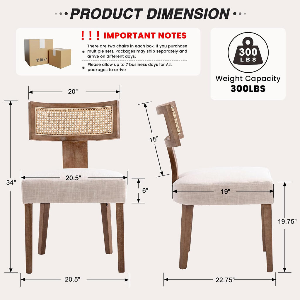 Mid Century Modern Rattan Dining Chairs Set of 2, Farmhouse Linen Upholstered Accent Chair Curved Backrest Kitchen Chairs, with Hardwood Frame, Beige