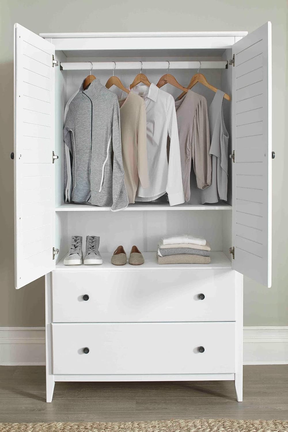 Greenport 2-Door Wardrobe, Solid Wood with a Brushed White Finish