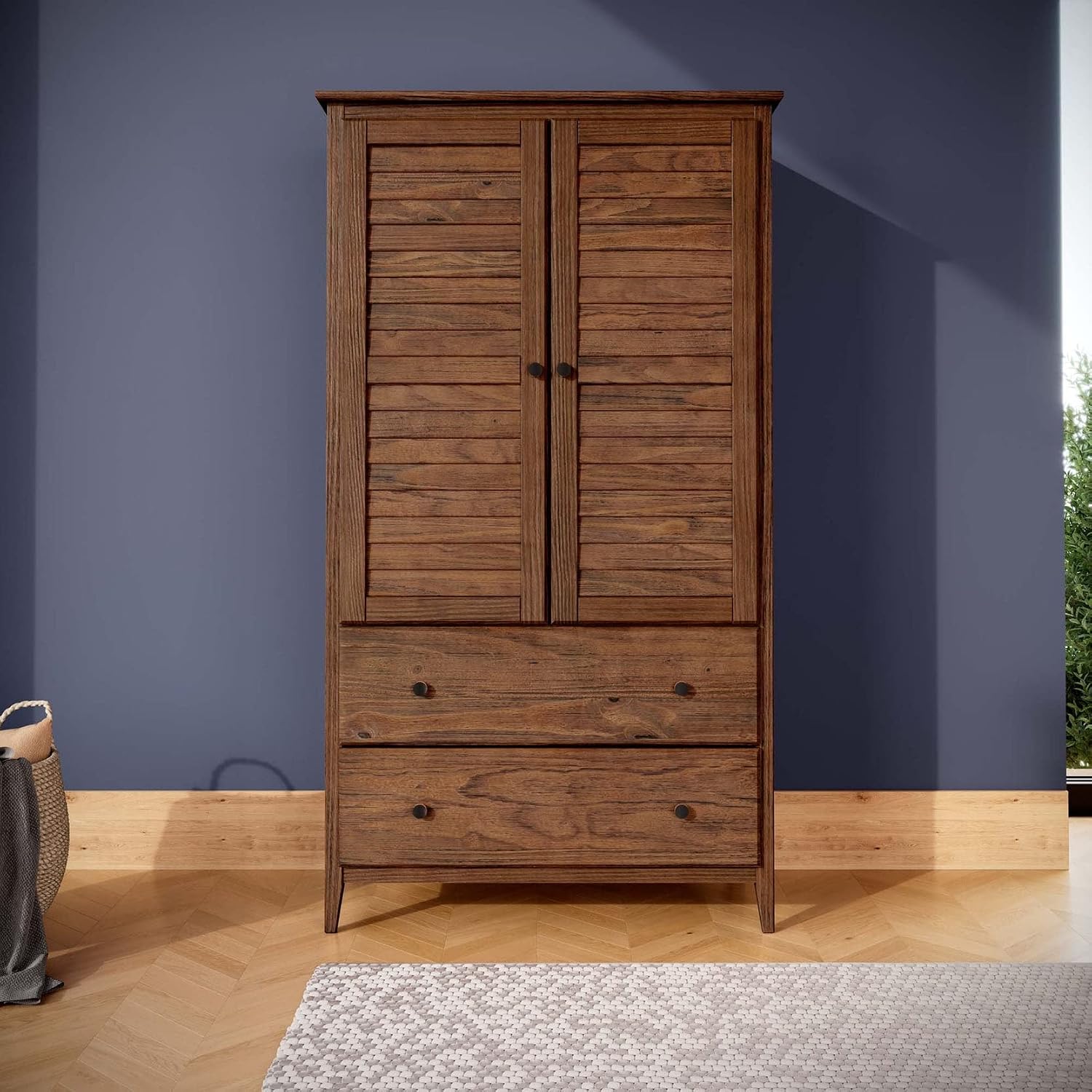 Greenport 2-Door Wardrobe, Solid Wood with a Brushed Walnut Finish