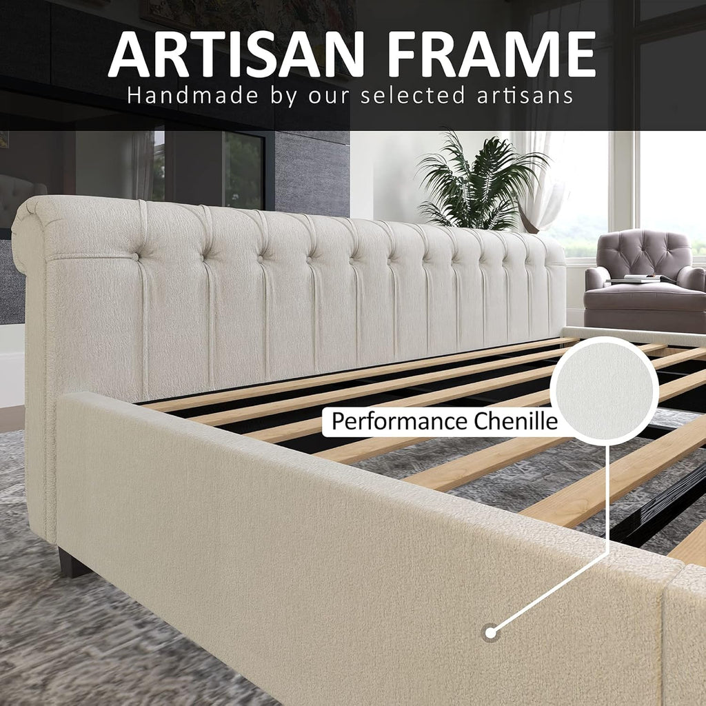King Size Platform Bed Frame, Chenille Upholstered Sleigh Bed with Scroll Wingback Headboard & Footboard/Button Tufted/No Box Spring Required/Cream
