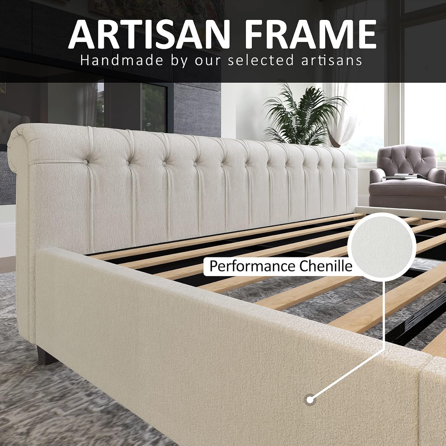 King Size Platform Bed Frame, Chenille Upholstered Sleigh Bed with Scroll Wingback Headboard & Footboard/Button Tufted/No Box Spring Required/Cream