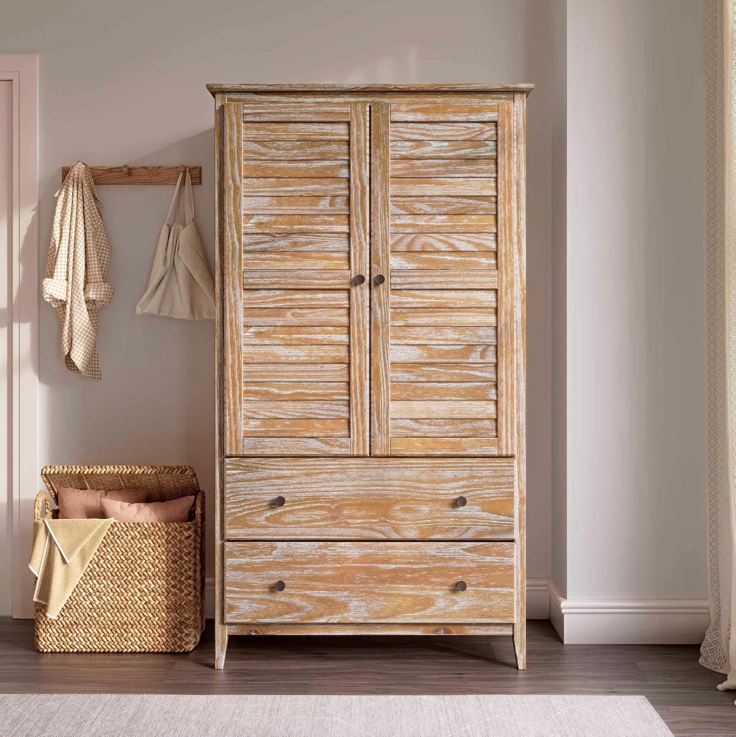 Greenport 2-Door Wardrobe, Solid Wood with a Brushed Driftwood Finish