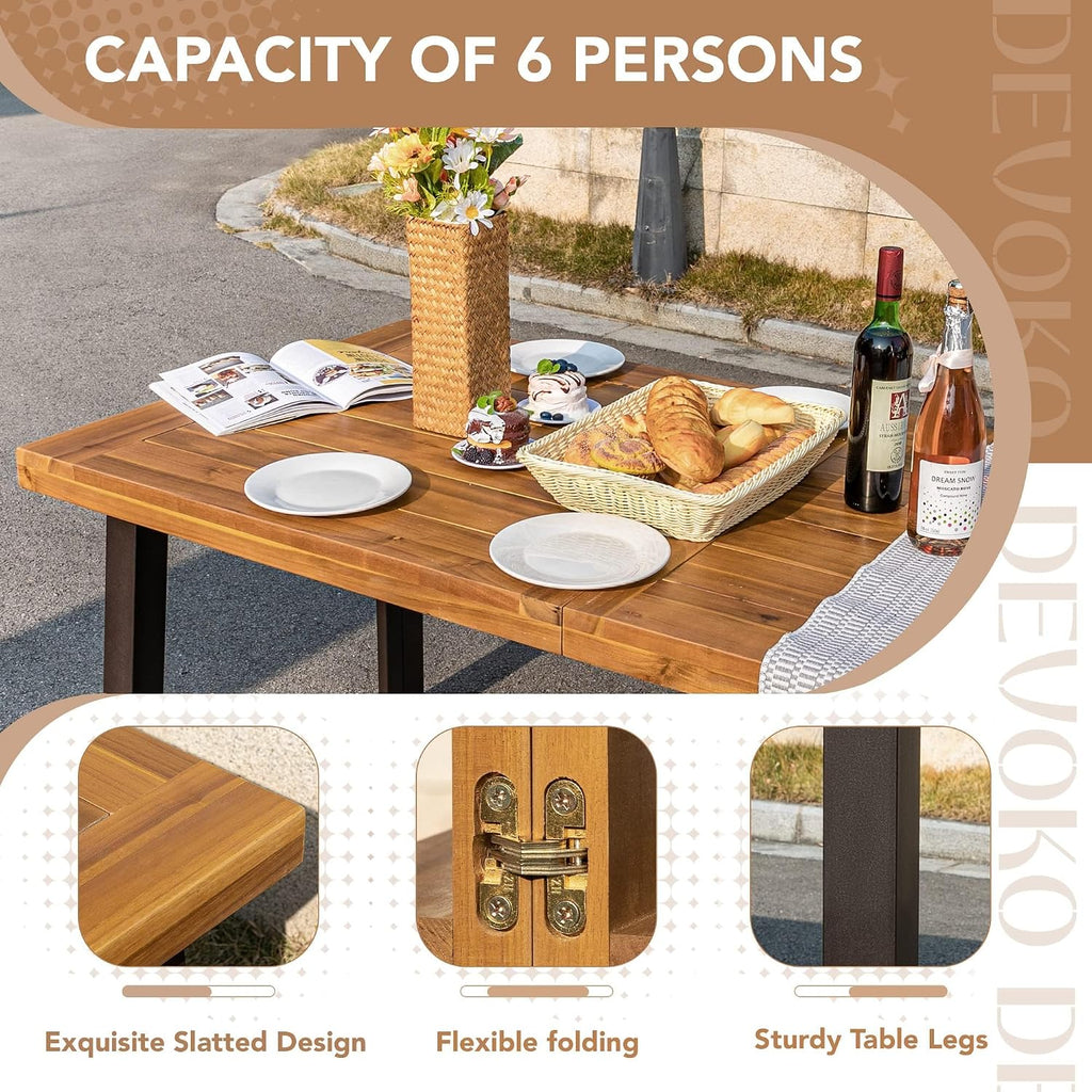 Home Acacia Wood Dining Table 6-Person Indoor Outdoor Table with Iron Legs, Sandblast Finish, Natural Stained, Rustic Metal, 69 * 33 * 30 inch (Natural)