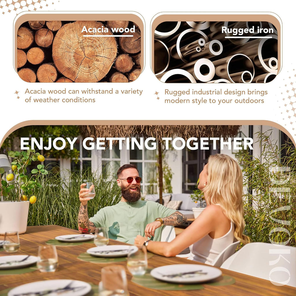 Home Acacia Wood Dining Table 6-Person Indoor Outdoor Table with Iron Legs, Sandblast Finish, Natural Stained, Rustic Metal, 69 * 33 * 30 inch (Natural)