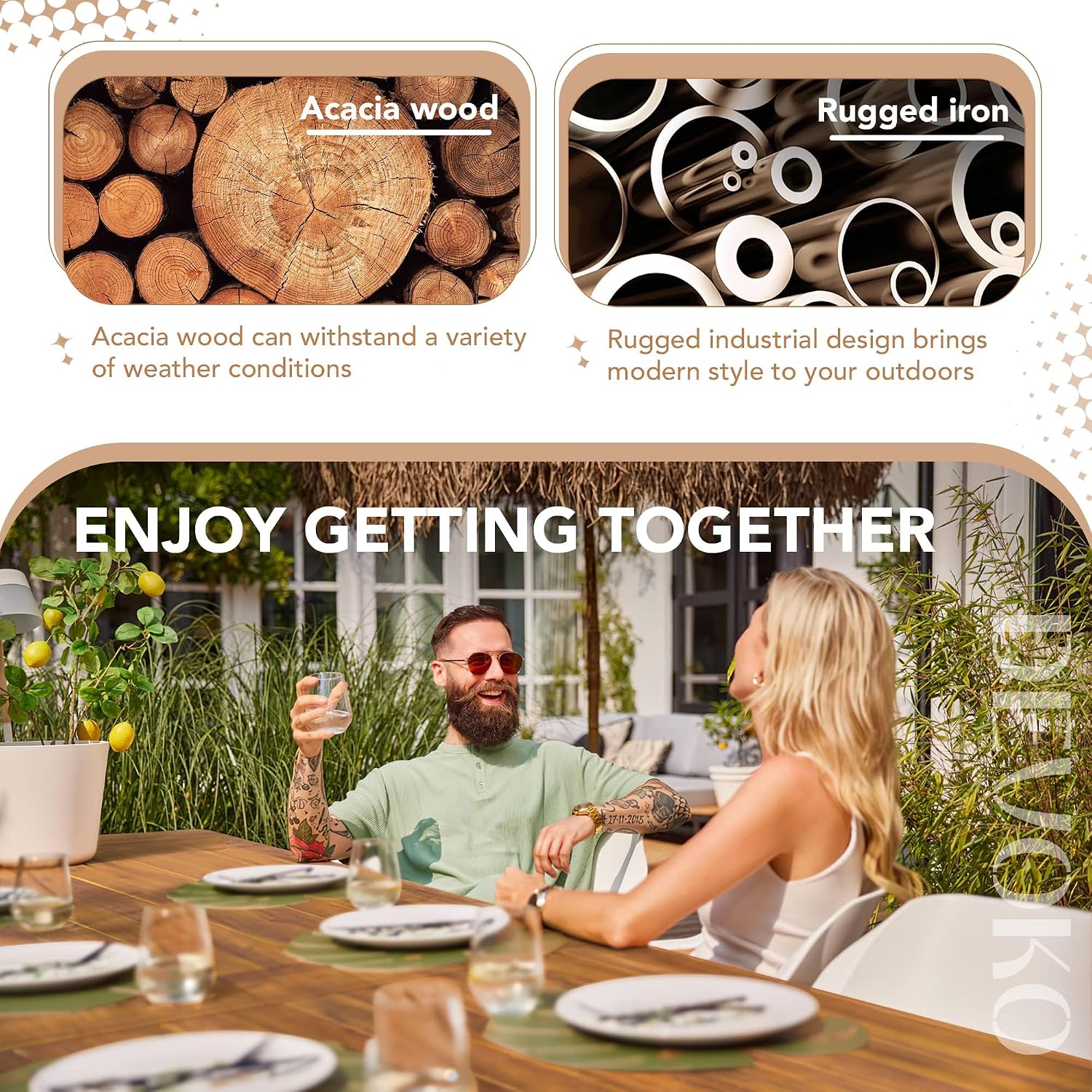 Home Acacia Wood Dining Table 6-Person Indoor Outdoor Table with Iron Legs, Sandblast Finish, Natural Stained, Rustic Metal, 69 * 33 * 30 inch (Natural)
