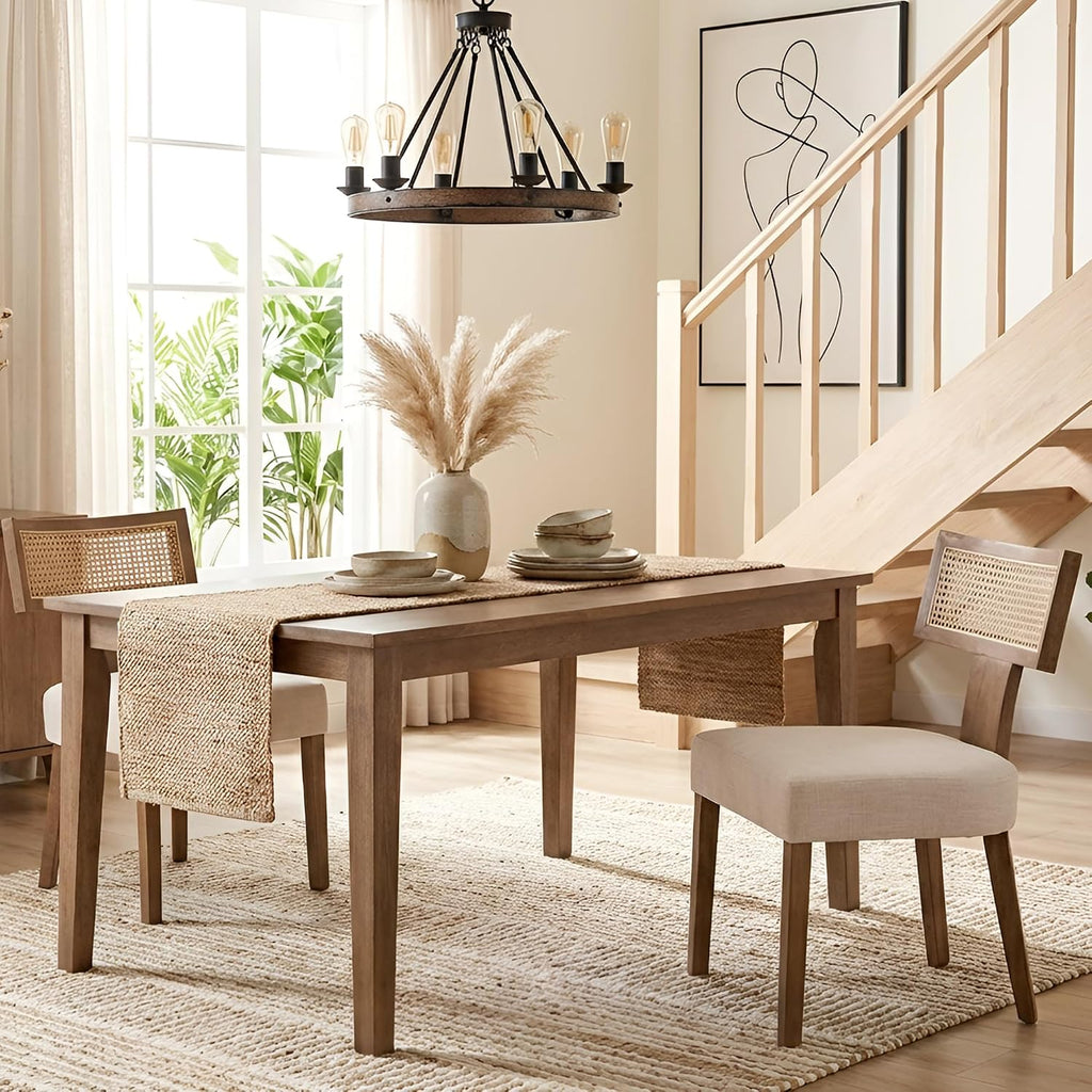 Mid Century Modern Rattan Dining Chairs Set of 2, Farmhouse Linen Upholstered Accent Chair Curved Backrest Kitchen Chairs, with Hardwood Frame, Beige