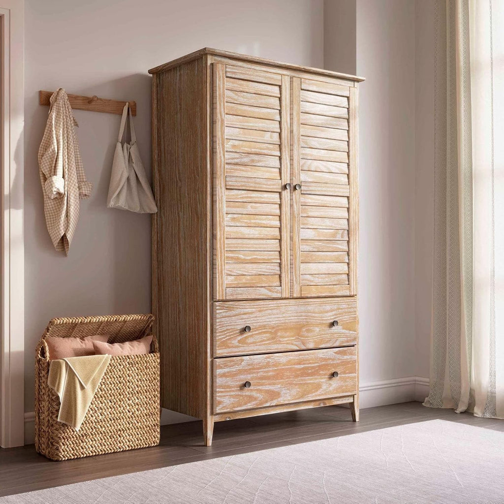 Greenport 2-Door Wardrobe, Solid Wood with a Brushed Driftwood Finish