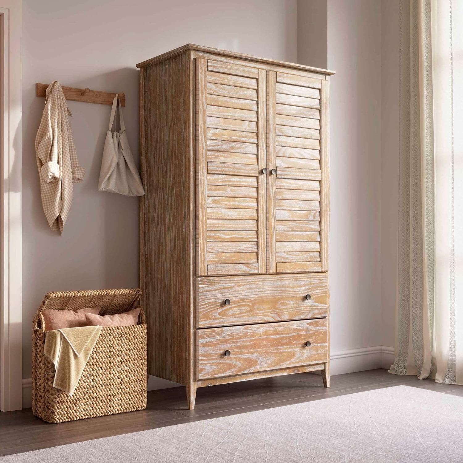 Greenport 2-Door Wardrobe, Solid Wood with a Brushed Driftwood Finish