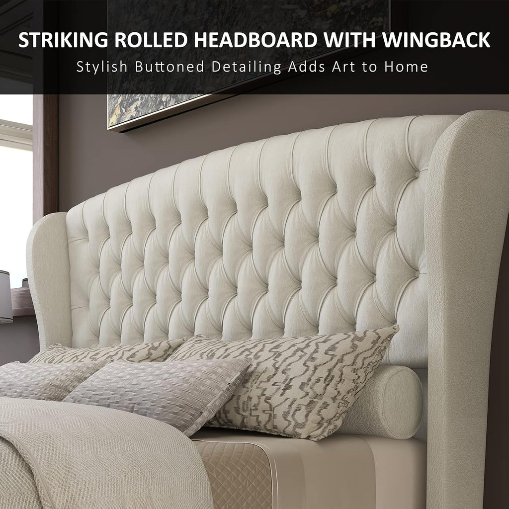 King Size Platform Bed Frame, Chenille Upholstered Sleigh Bed with Scroll Wingback Headboard & Footboard/Button Tufted/No Box Spring Required/Cream