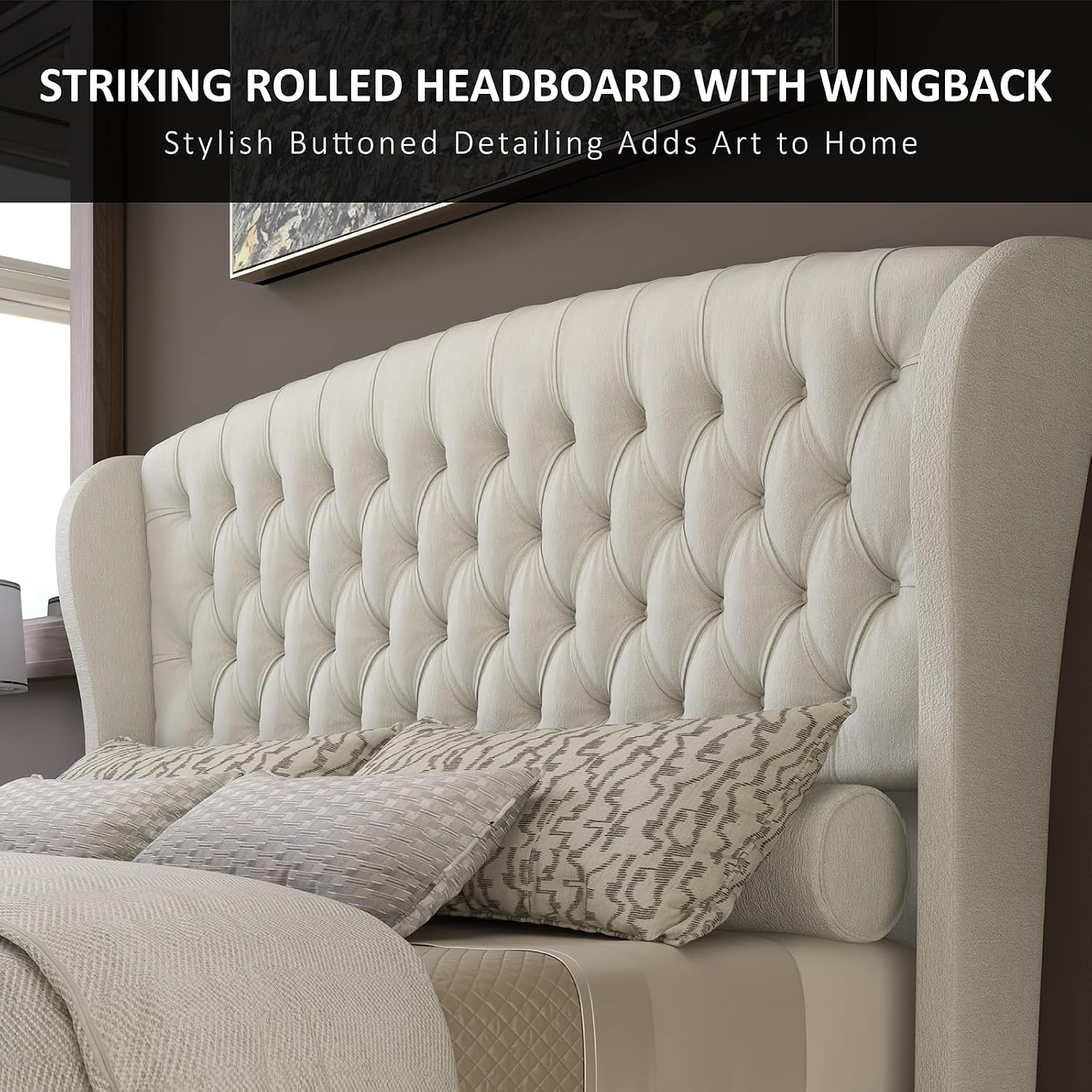 King Size Platform Bed Frame, Chenille Upholstered Sleigh Bed with Scroll Wingback Headboard & Footboard/Button Tufted/No Box Spring Required/Cream