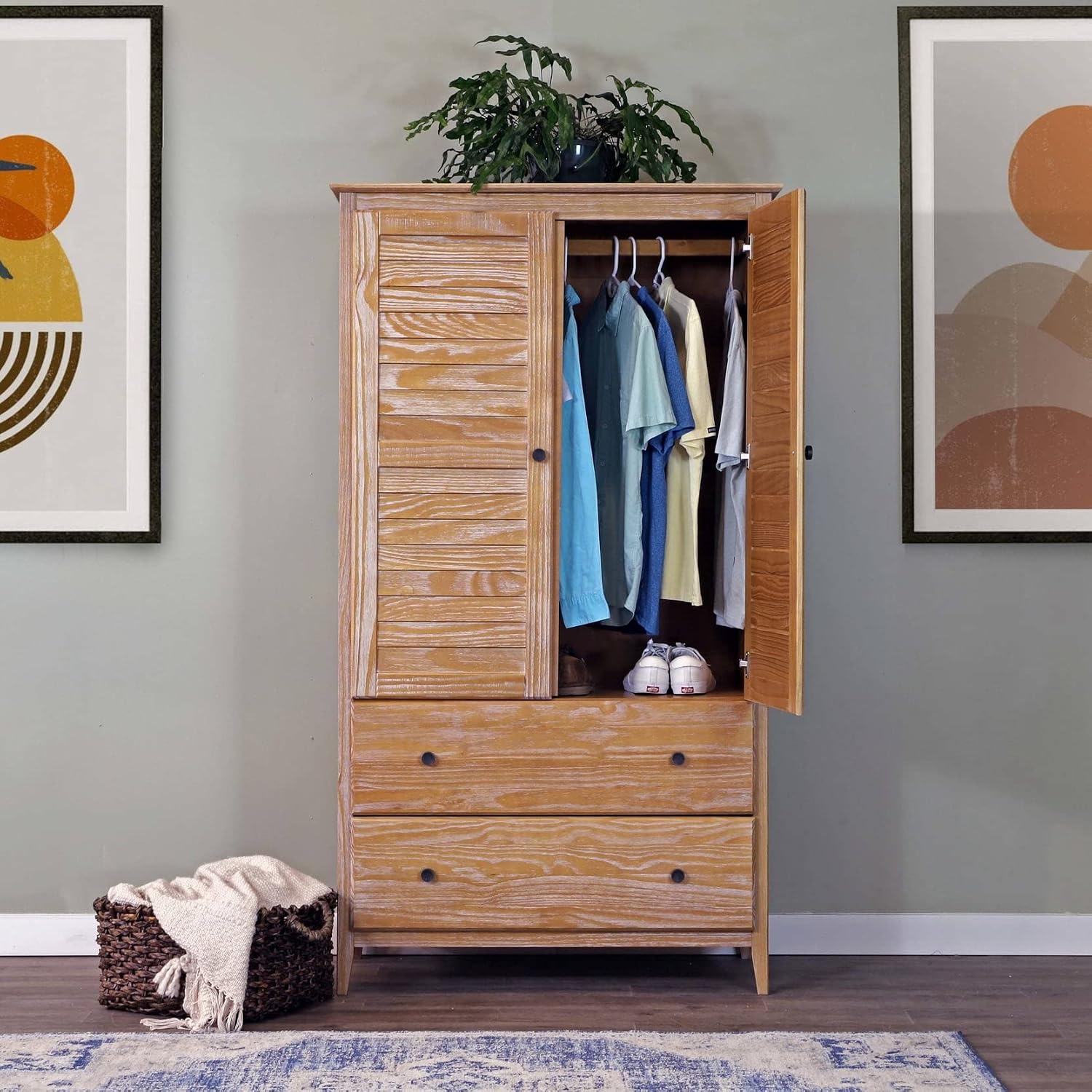 Greenport 2-Door Wardrobe, Solid Wood with a Brushed Driftwood Finish