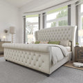 King Size Platform Bed Frame, Chenille Upholstered Sleigh Bed with Scroll Wingback Headboard & Footboard/Button Tufted/No Box Spring Required/Cream