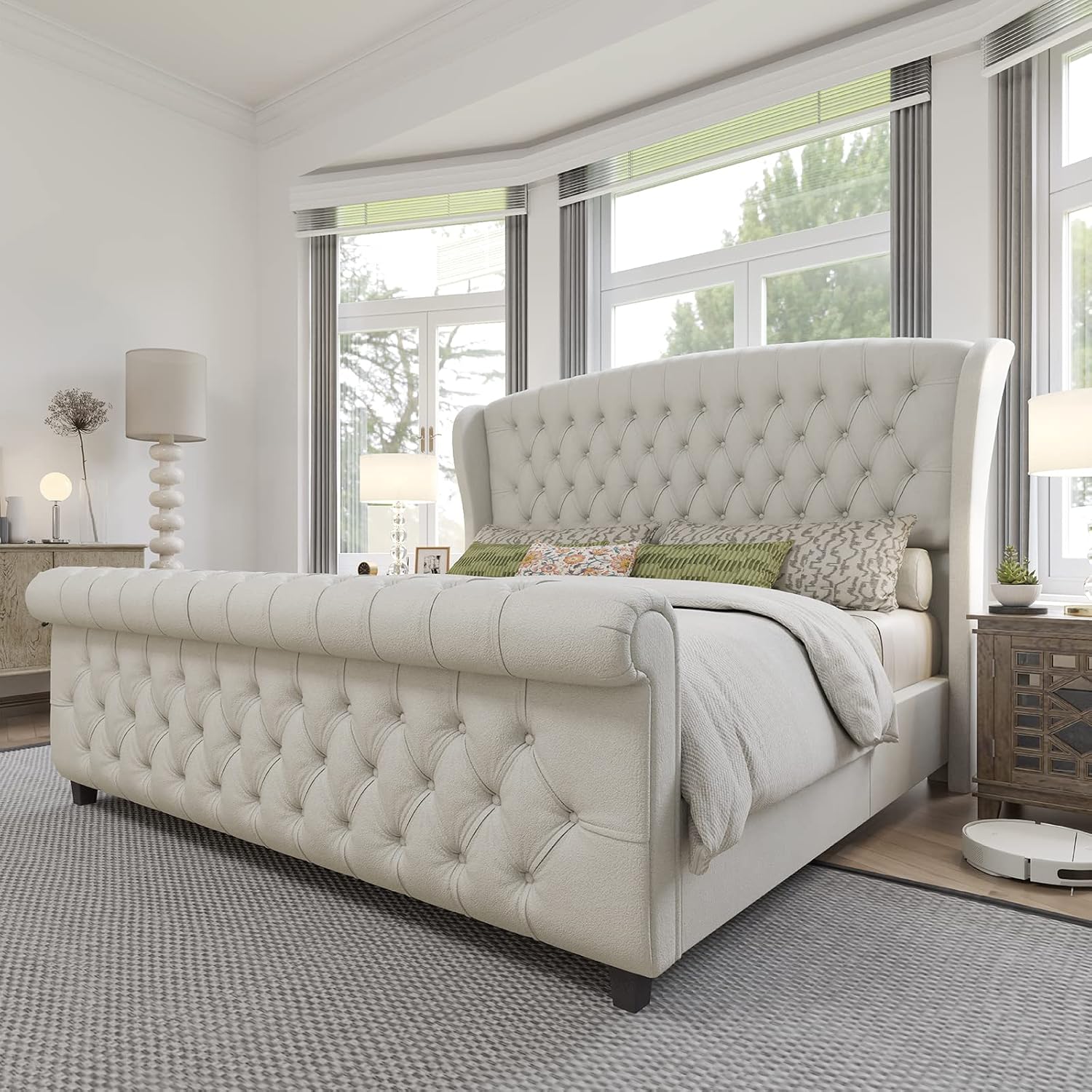 King Size Platform Bed Frame, Chenille Upholstered Sleigh Bed with Scroll Wingback Headboard & Footboard/Button Tufted/No Box Spring Required/Cream
