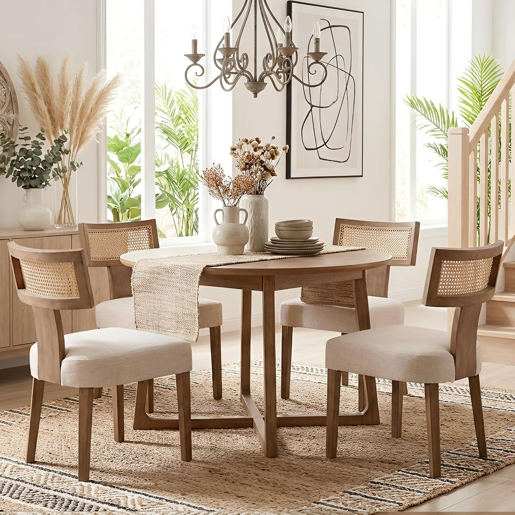 Mid Century Modern Rattan Dining Chairs Set of 2, Farmhouse Linen Upholstered Accent Chair Curved Backrest Kitchen Chairs, with Hardwood Frame, Beige